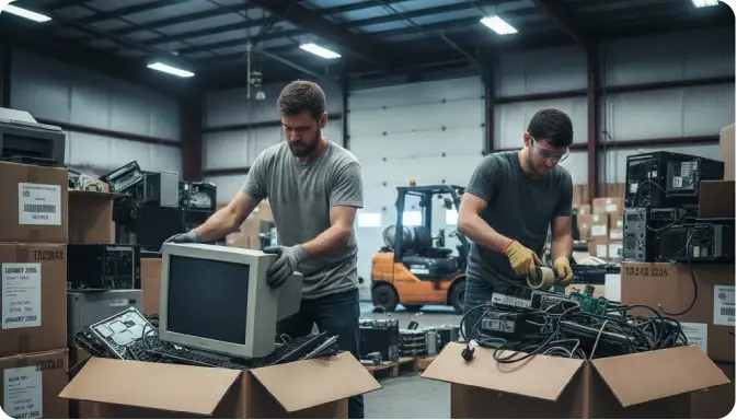two men boxing up computer Ewaste